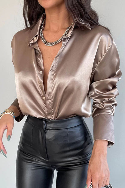Glossy Front Button Women's Long Sleeve Top