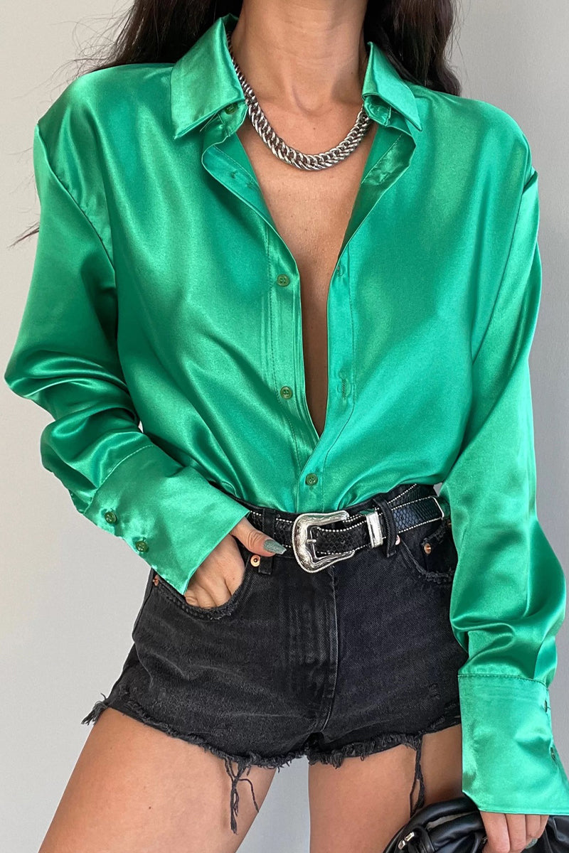 Glossy Front Button Women's Long Sleeve Top