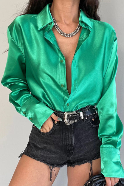 Glossy Front Button Women's Long Sleeve Top