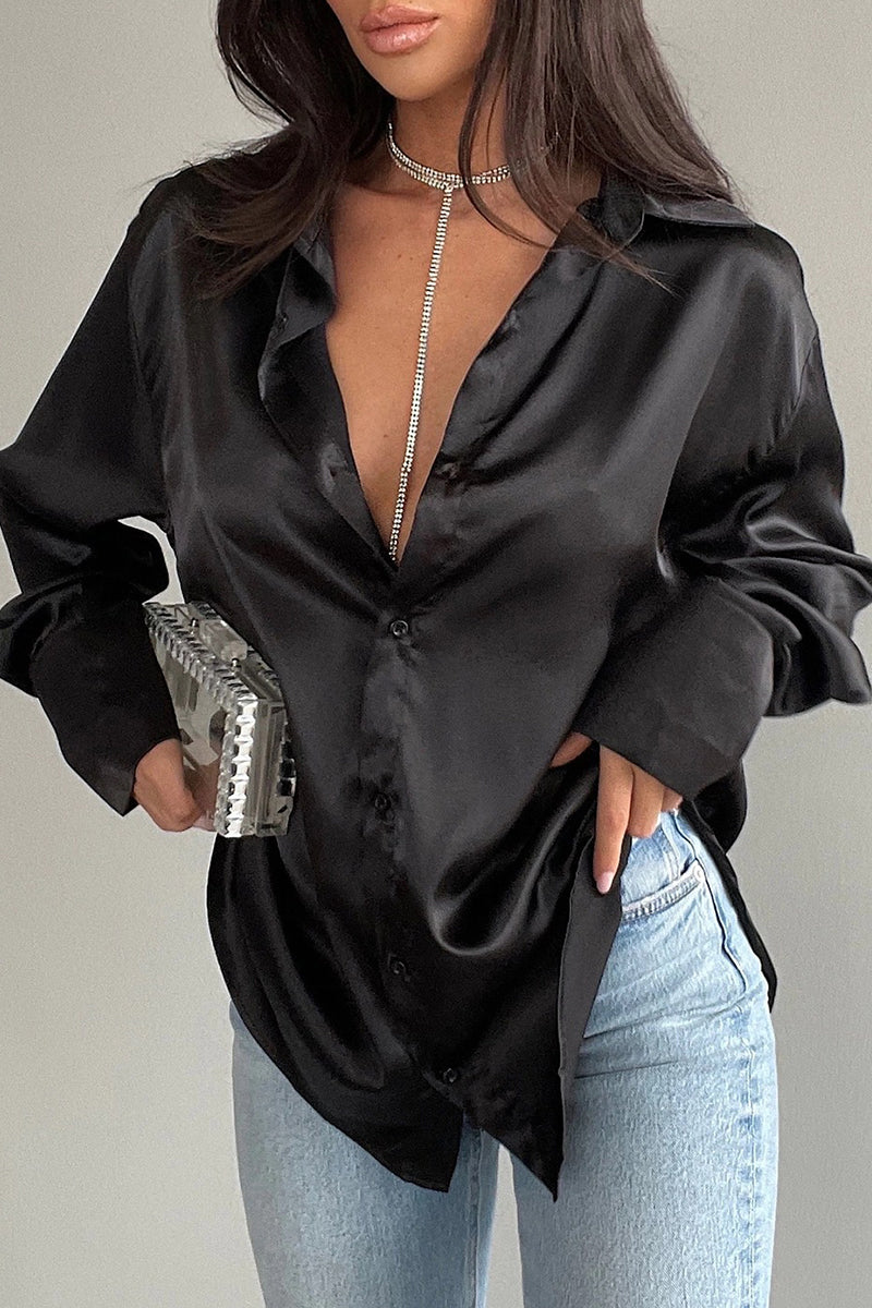 Glossy Front Button Women's Long Sleeve Top