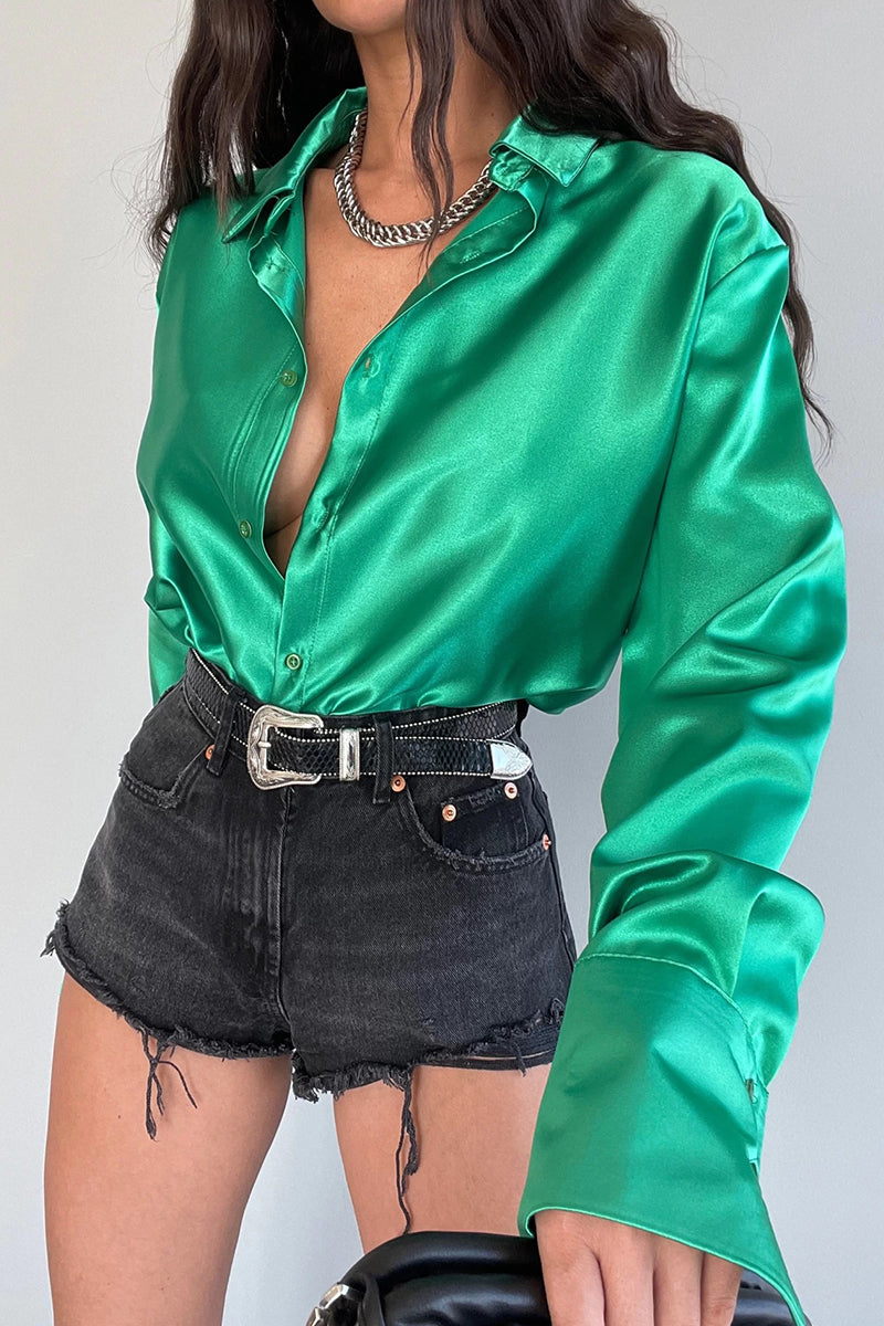 Glossy Front Button Women's Long Sleeve Top