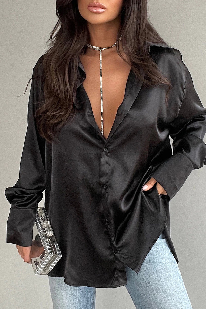 Glossy Front Button Women's Long Sleeve Top