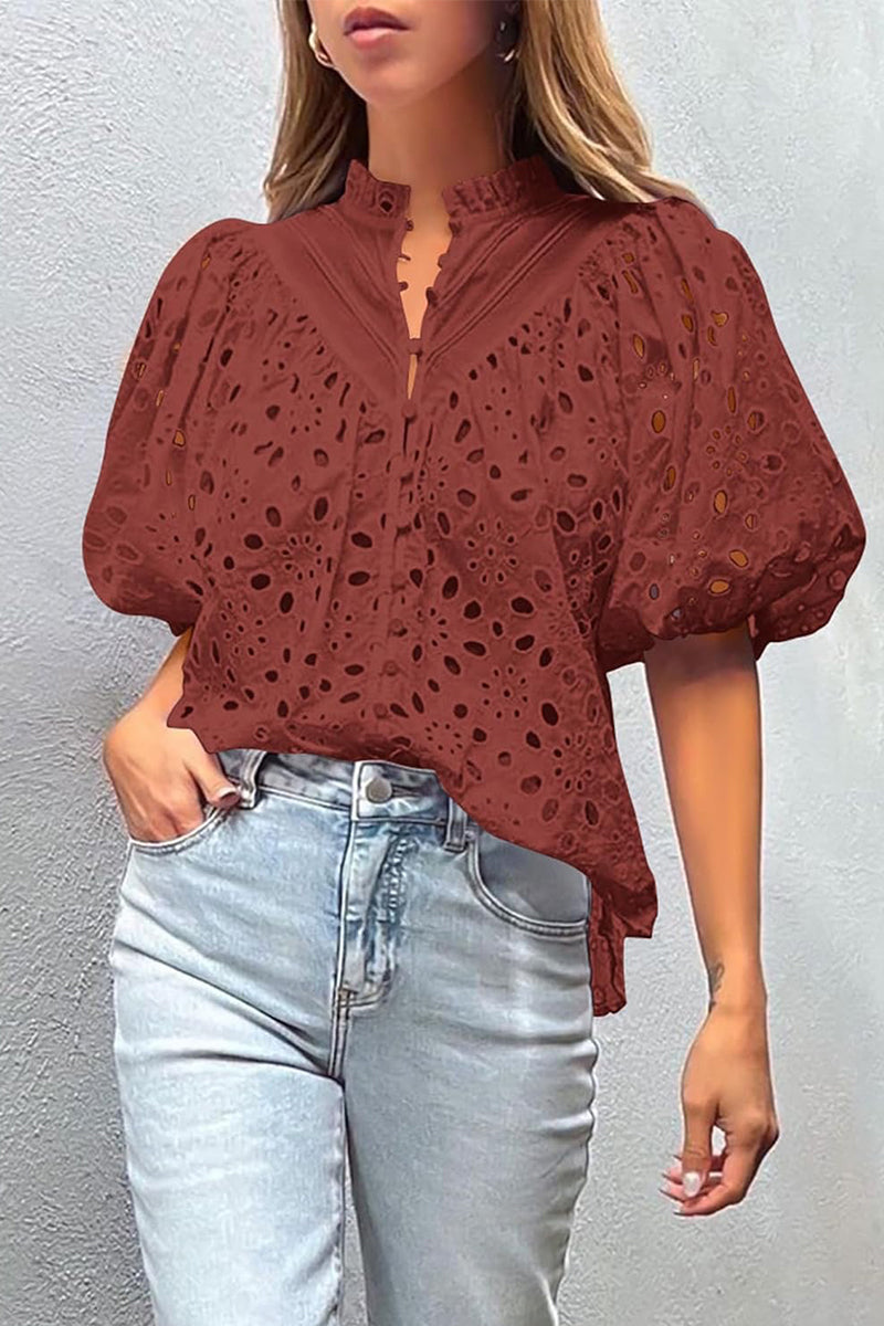 Ladies' Cut-Out Detail Puffy Sleeve Top - Luxivelle