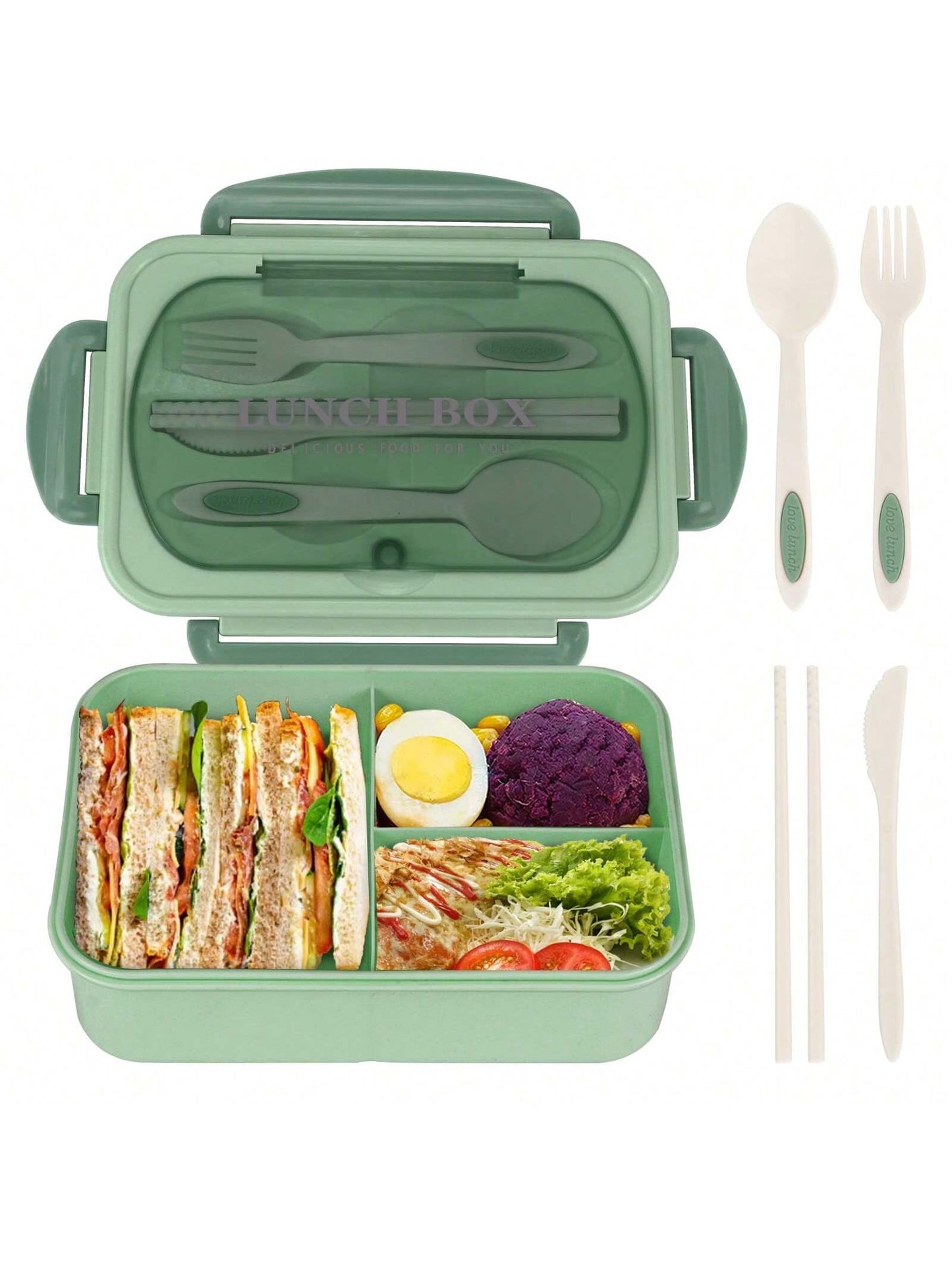 Spill-Proof Large Bento Box with Utensils - 3 Section Container