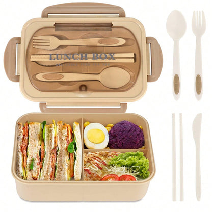 Spill-Proof Large Bento Box with Utensils - 3 Section Container