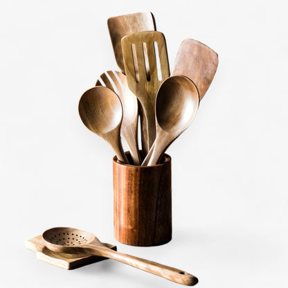 Natural Wood Kitchen Tool Set - 9 Piece Cooking Utensils