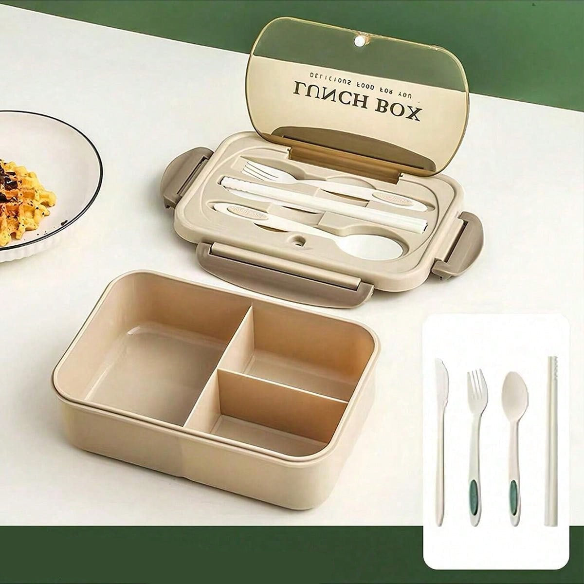 Spill-Proof Large Bento Box with Utensils - 3 Section Container