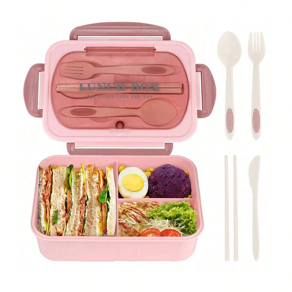 Spill-Proof Large Bento Box with Utensils - 3 Section Container
