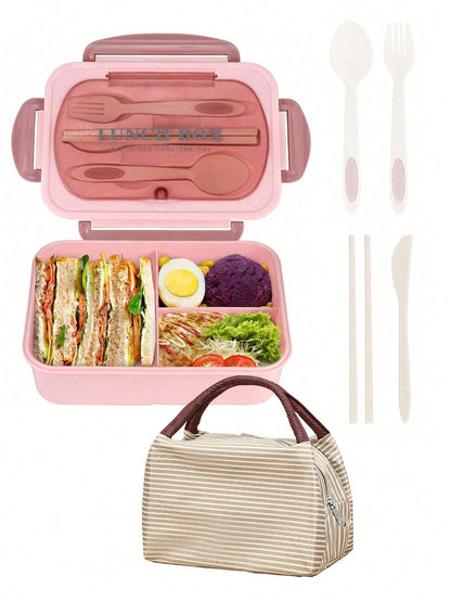 Spill-Proof Large Bento Box with Utensils - 3 Section Container