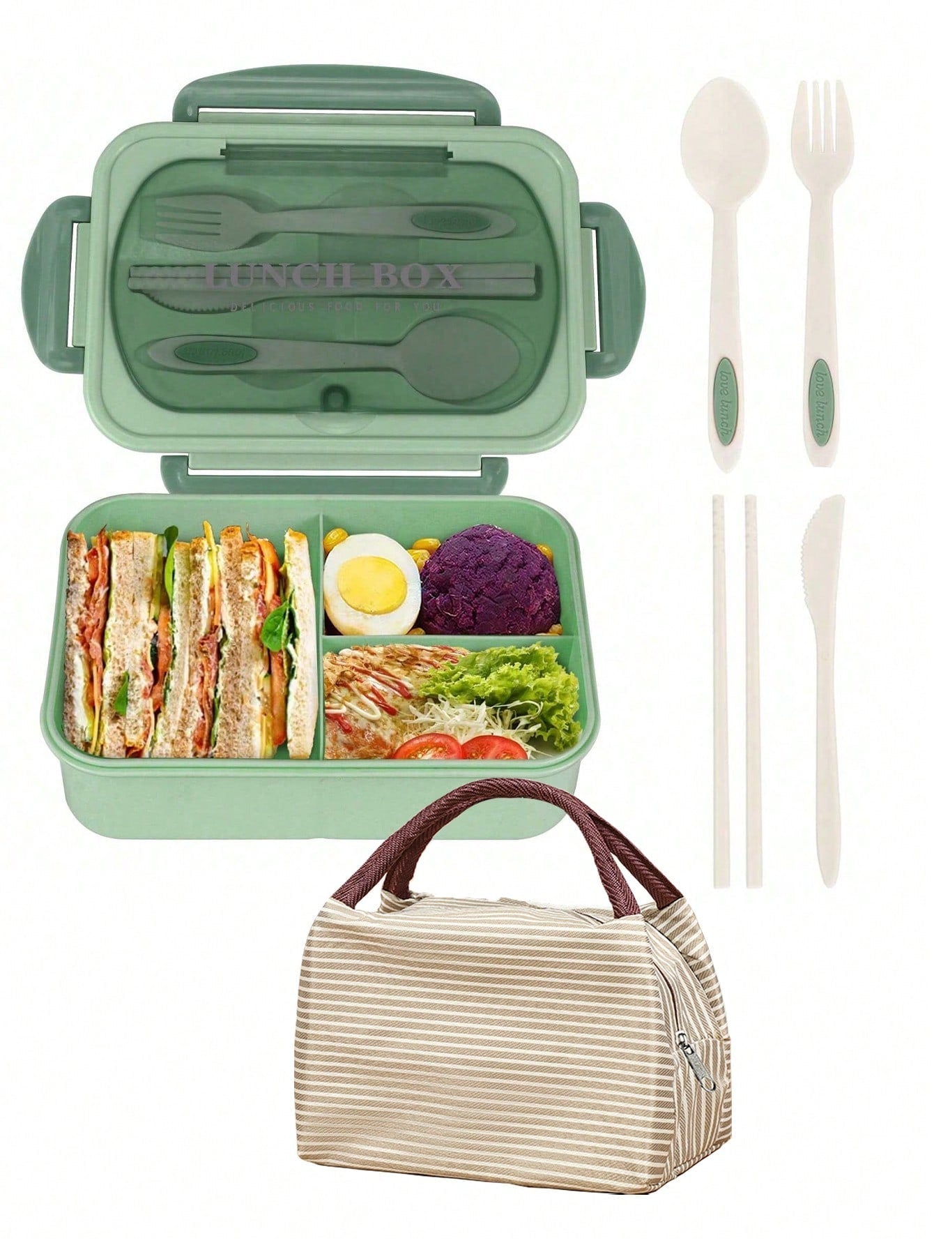 Spill-Proof Large Bento Box with Utensils - 3 Section Container