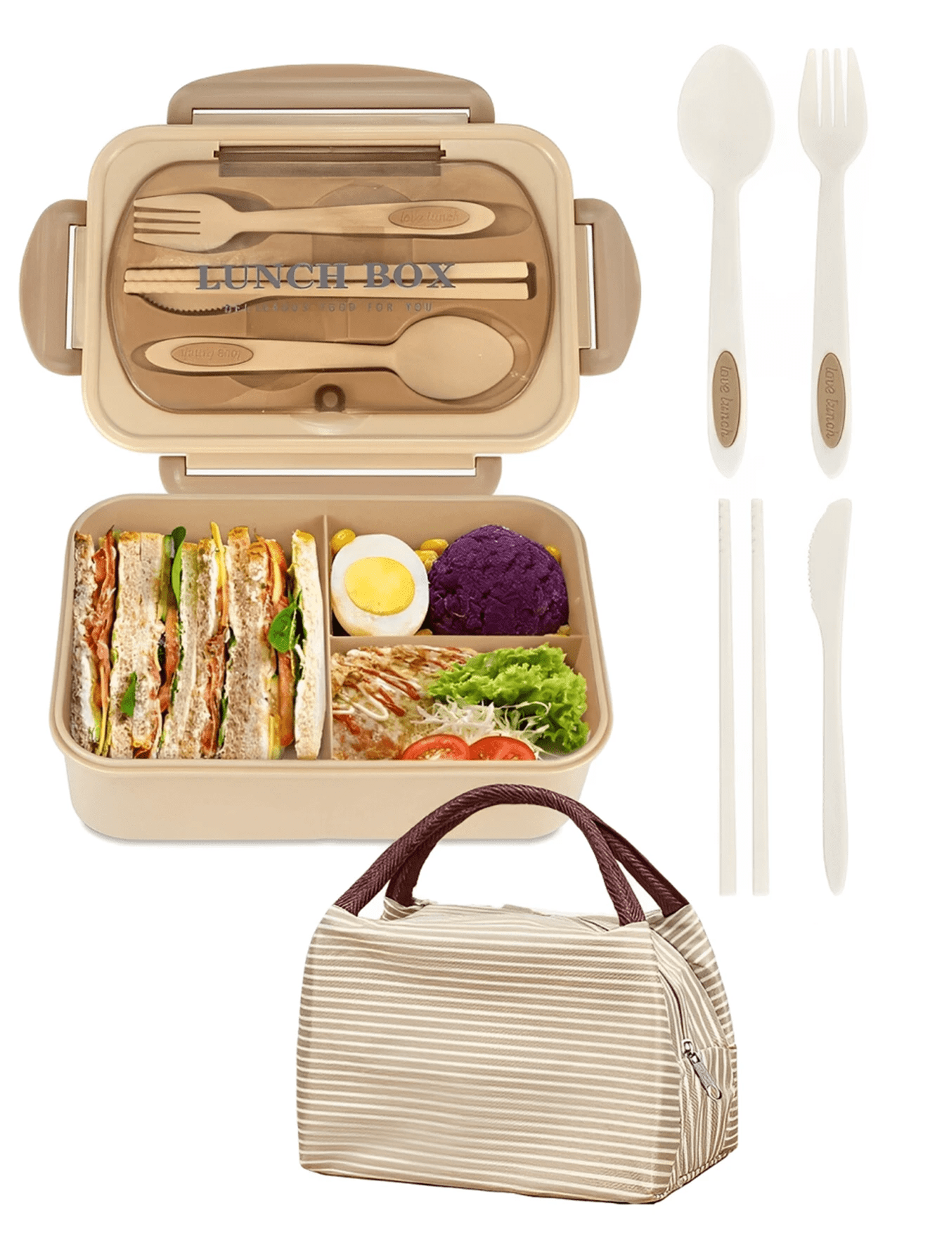 Spill-Proof Large Bento Box with Utensils - 3 Section Container
