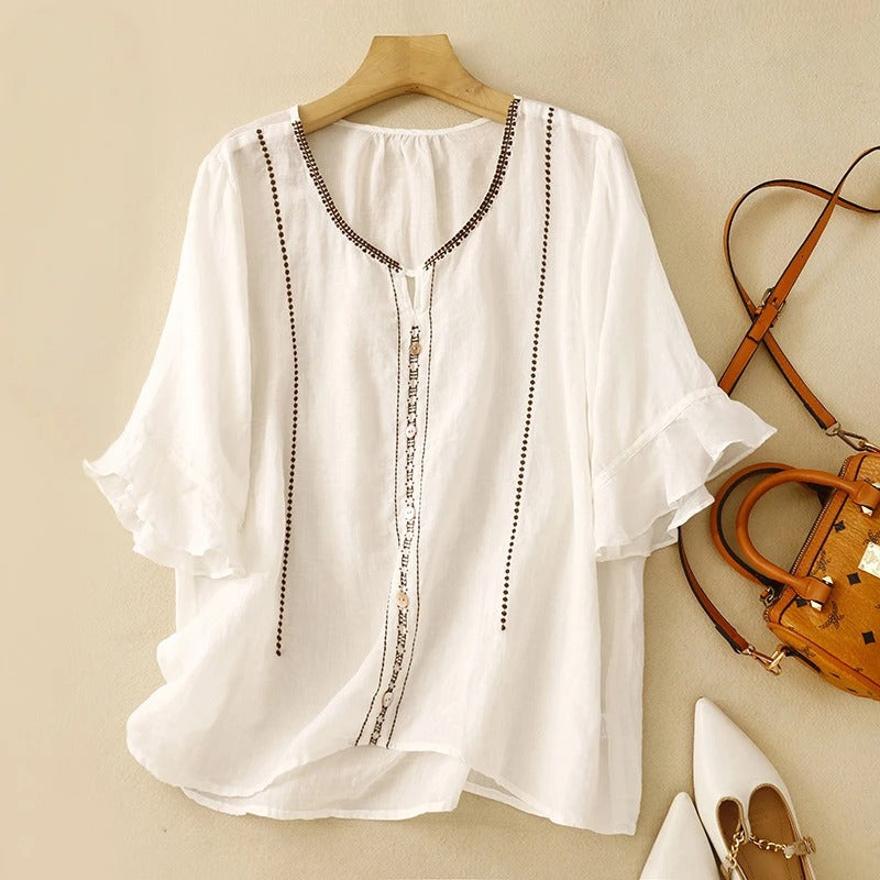 Pretty Ruffled Short Sleeve Women's Blouse - Luxivelle