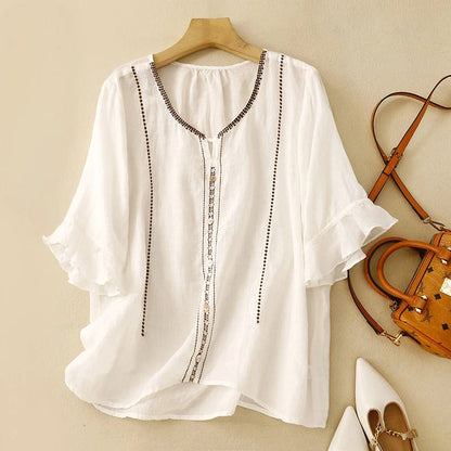 Pretty Ruffled Short Sleeve Women's Blouse - Luxivelle