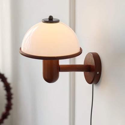 Rustic Wooden Fungi Wall Lamp with Cream Shade