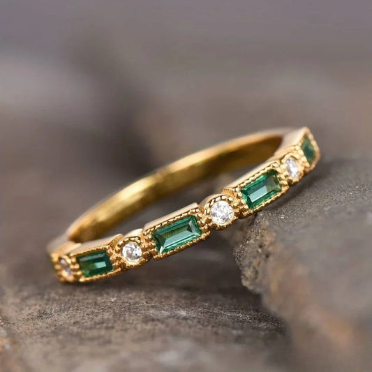 Vintage Emerald Gold Statement Ring with Accent - Luxivelle
