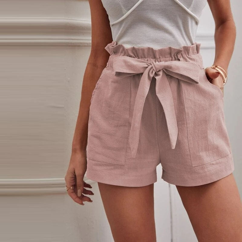 Elastic Waist Ladies Shorts with Adjustable Belt and Pockets