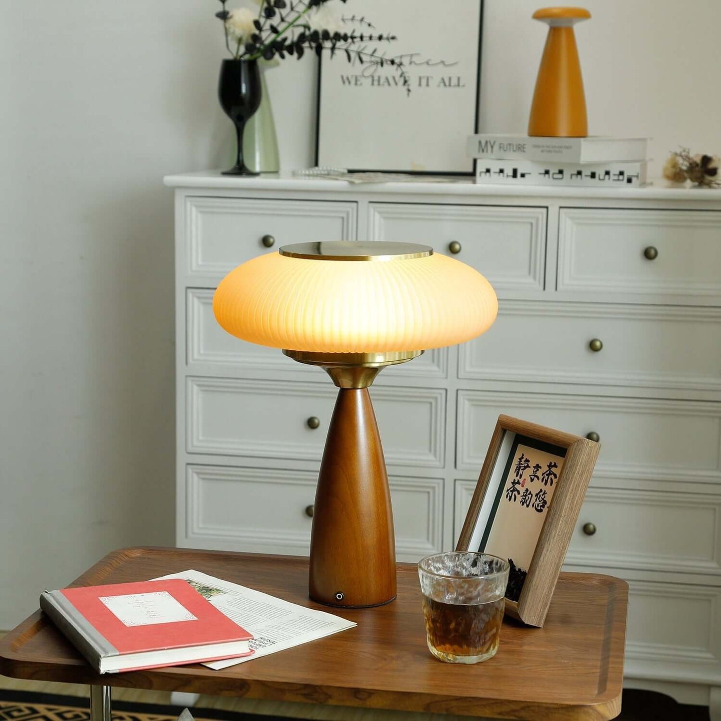 Small Glass Desk Lamp with Wood Base