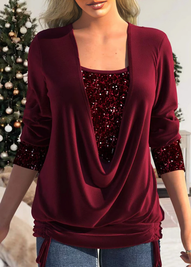 Ladies Sparkly Deep Neck Long Sleeve Top
