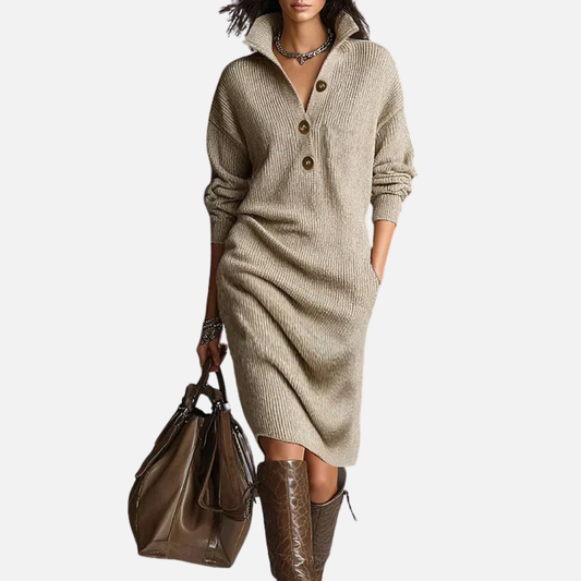 Clara | Ribbed Knit Polo Midi Dress