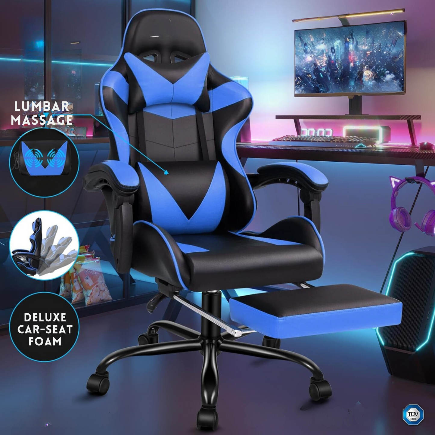 Ergonomic Gaming Chair with Massage and Footrest