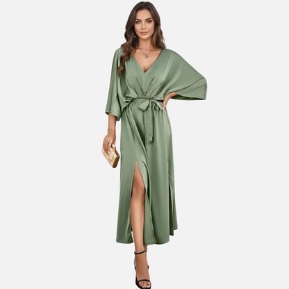 Women's Satin Maxi Dress - Elegant V-Neck Batwing Sleeve Evening Gown