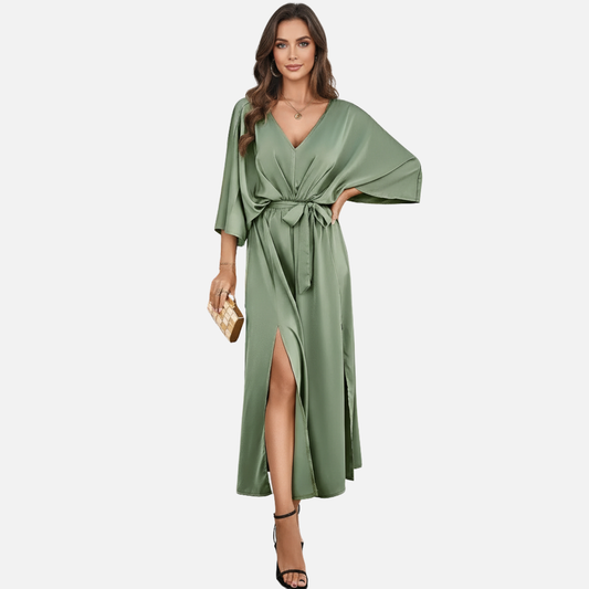 Women's Satin Maxi Dress - Elegant V-Neck Batwing Sleeve Evening Gown