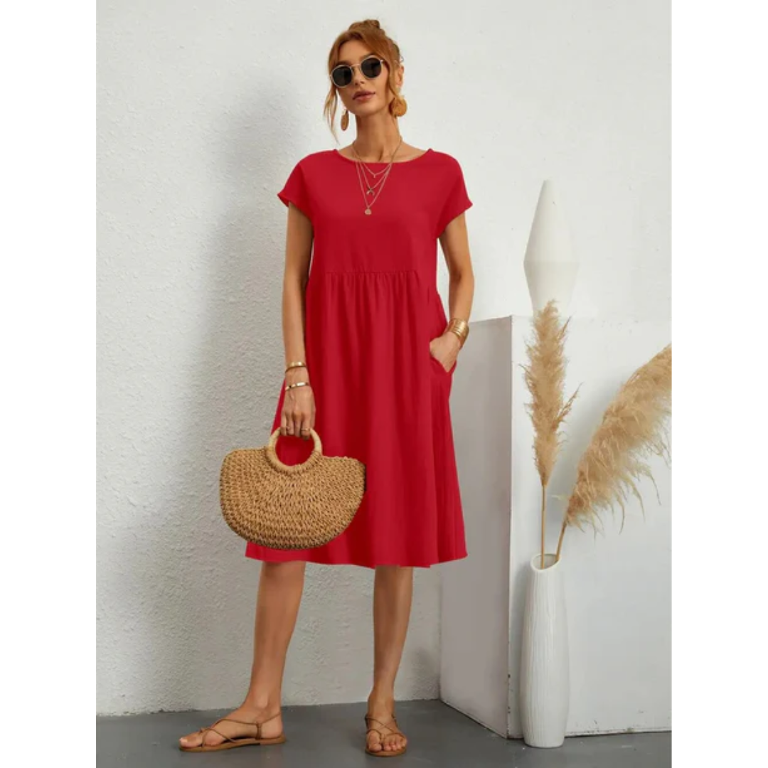 Relaxed Fit Women's Short Sleeve Linen A-Line Dress - Luxivelle