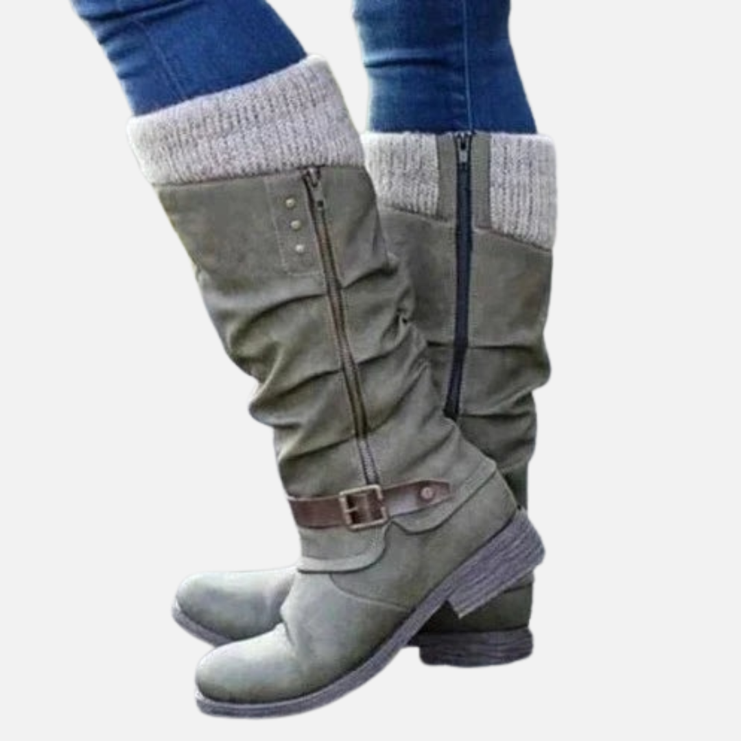 Women's Mid-Calf Slouch Boots - Warm Knit Trim Winter Walking Shoes