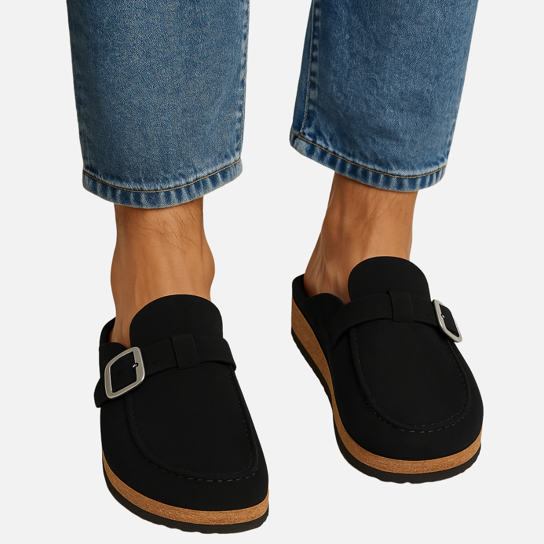 Men’s Suede Mules with Buckle - Closed Toe Slip-On Sandals