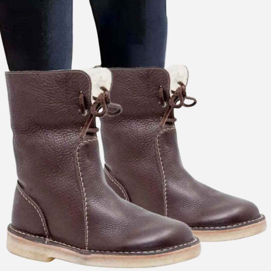 Women's Leather Boots - Waterproof Sheepskin Lined Winter Lace-Up
