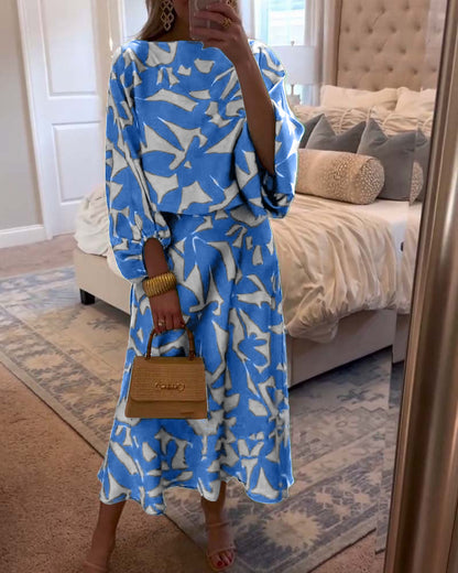 Chic 2-Piece Floral Lantern Sleeve Outfit