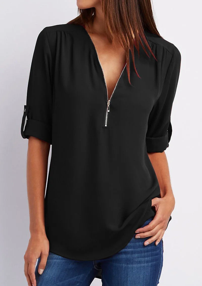 Ladies' Zip Front V Neck Short Sleeve Top