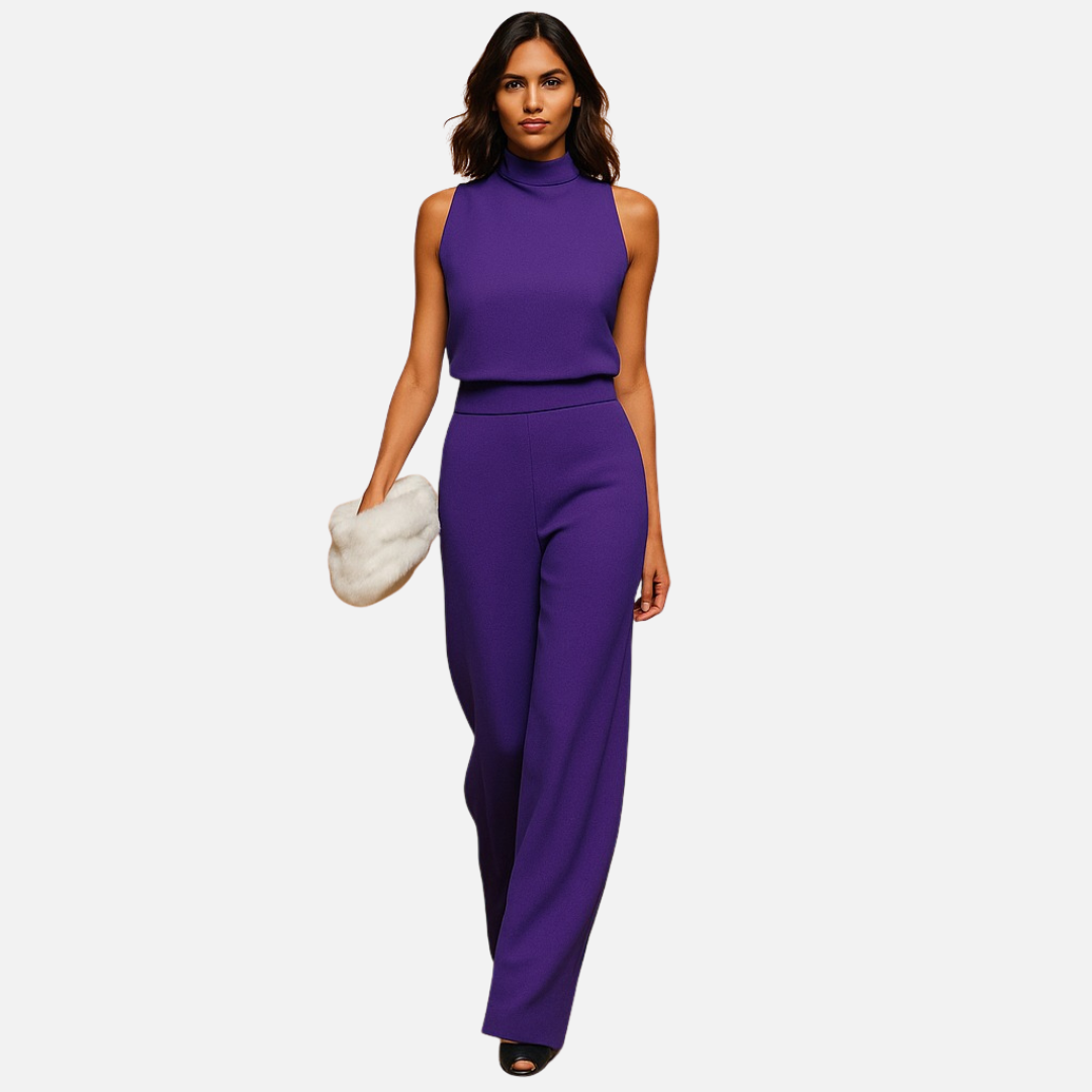 Women's High-Waisted Wide-Leg Jumpsuit - Sleeveless Mock Neck Suit
