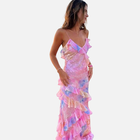 Women's Floral Ruffle Maxi Dress - Backless Summer Slip Dress