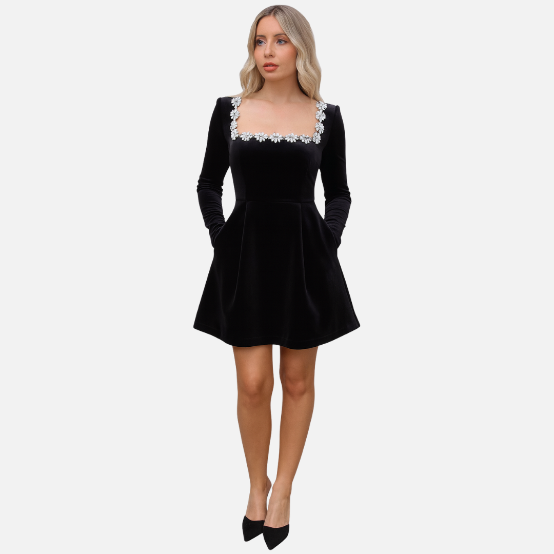 Women's Velvet Mini Dress - Elegant Square Neck Floral Trim Party Dress