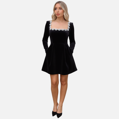 Women's Velvet Mini Dress - Elegant Square Neck Floral Trim Party Dress