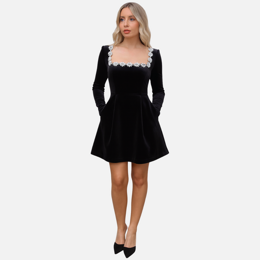 Women's Velvet Mini Dress - Elegant Square Neck Floral Trim Party Dress