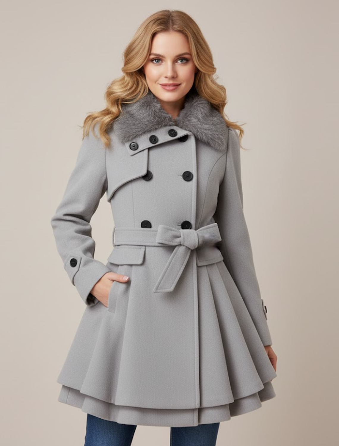 Warm Fitted Belted Women's Coat with Flare Style