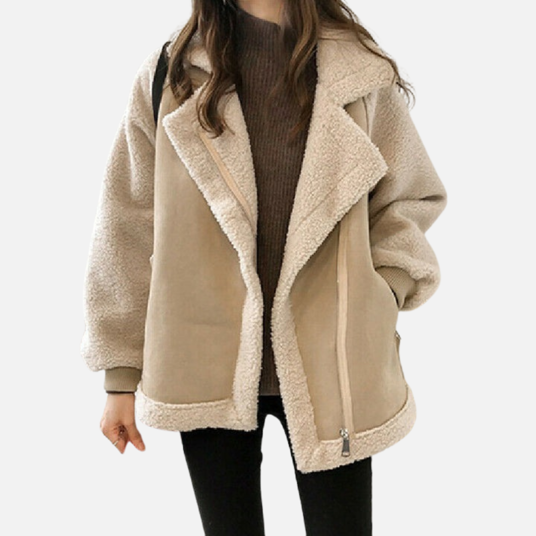 Women's Sherpa Aviator Jacket - Suede Biker Coat with Faux Fur Lining