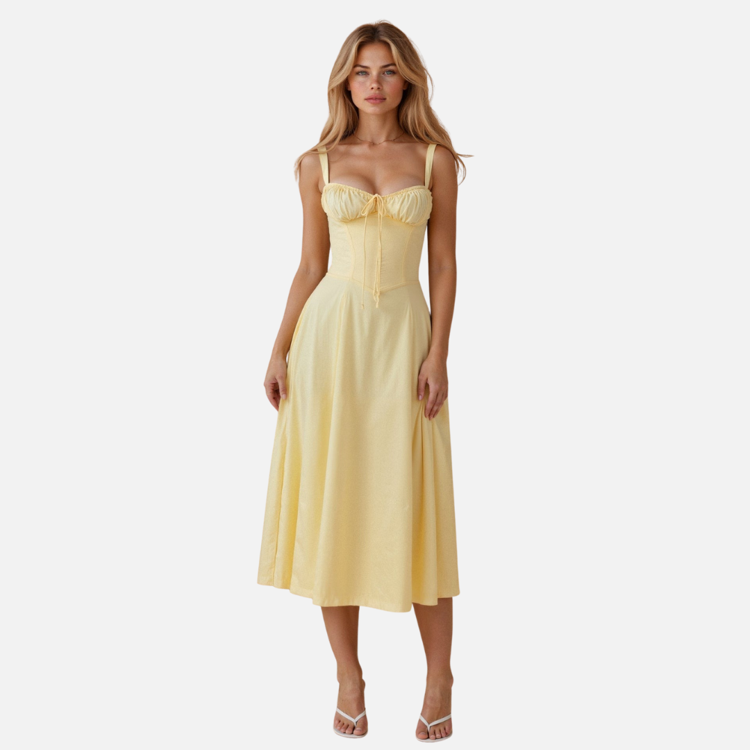 Elegant Corset Style Midi Dress with Flared Skirt