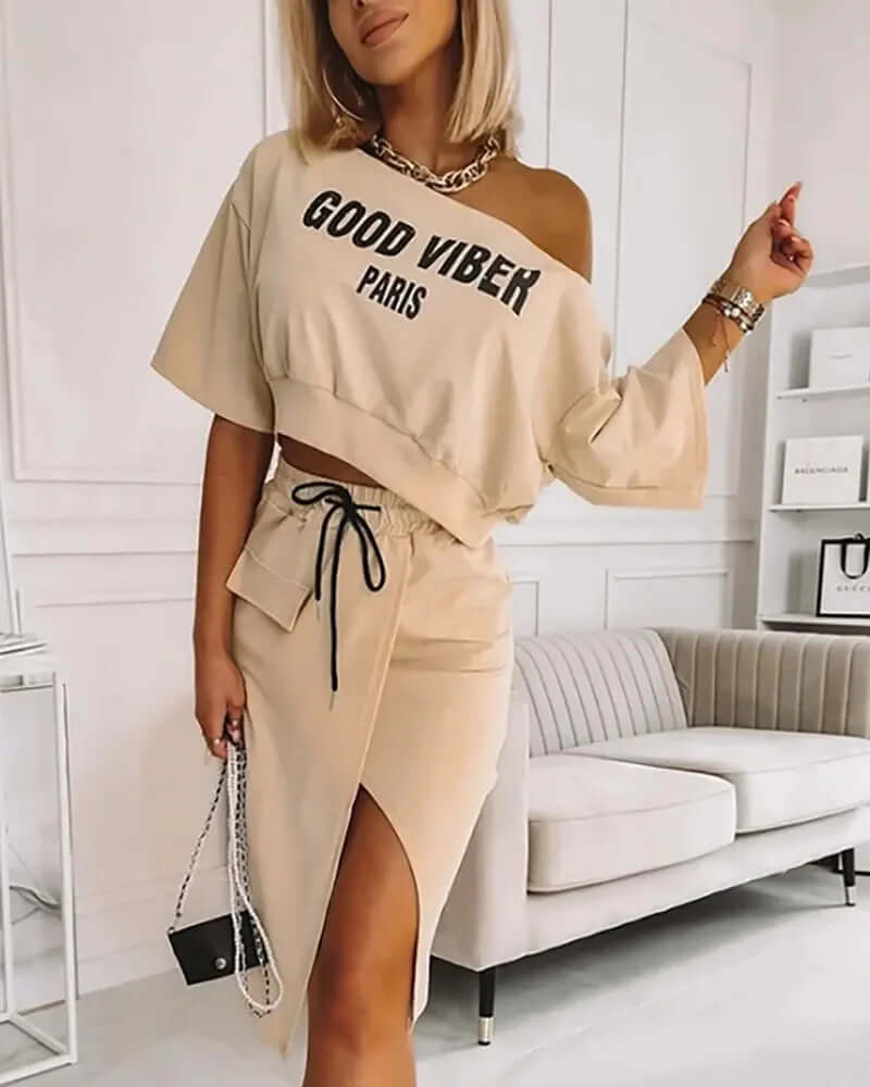 Trendy Off Shoulder Crop Top & High Slit Skirt Set