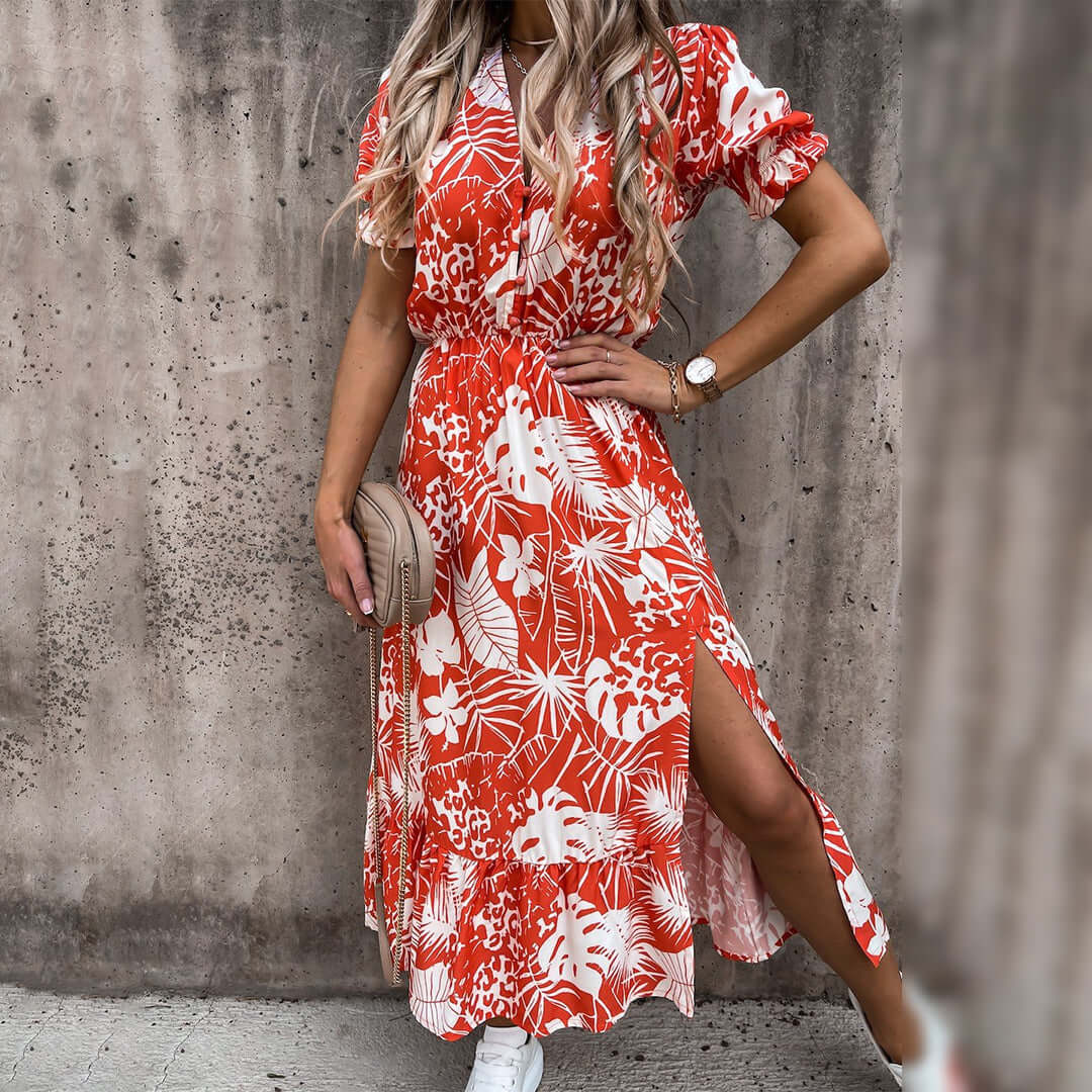 Pretty Ruffled Neckline Midi Summer Dress