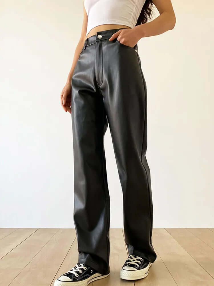 Classic High Waist Straight Leg Leather Jeans Pants