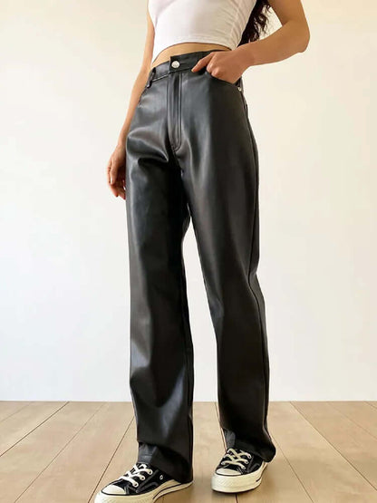 Classic High Waist Straight Leg Leather Jeans Pants