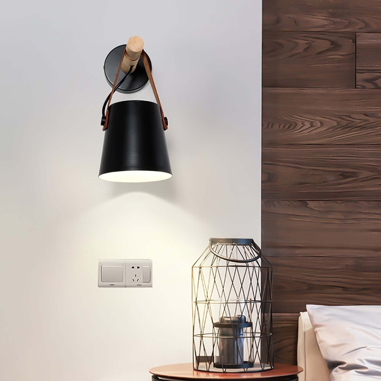 Rustic Wood Wall Lamp with Brown Leather Strap