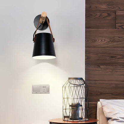Rustic Wood Wall Lamp with Brown Leather Strap