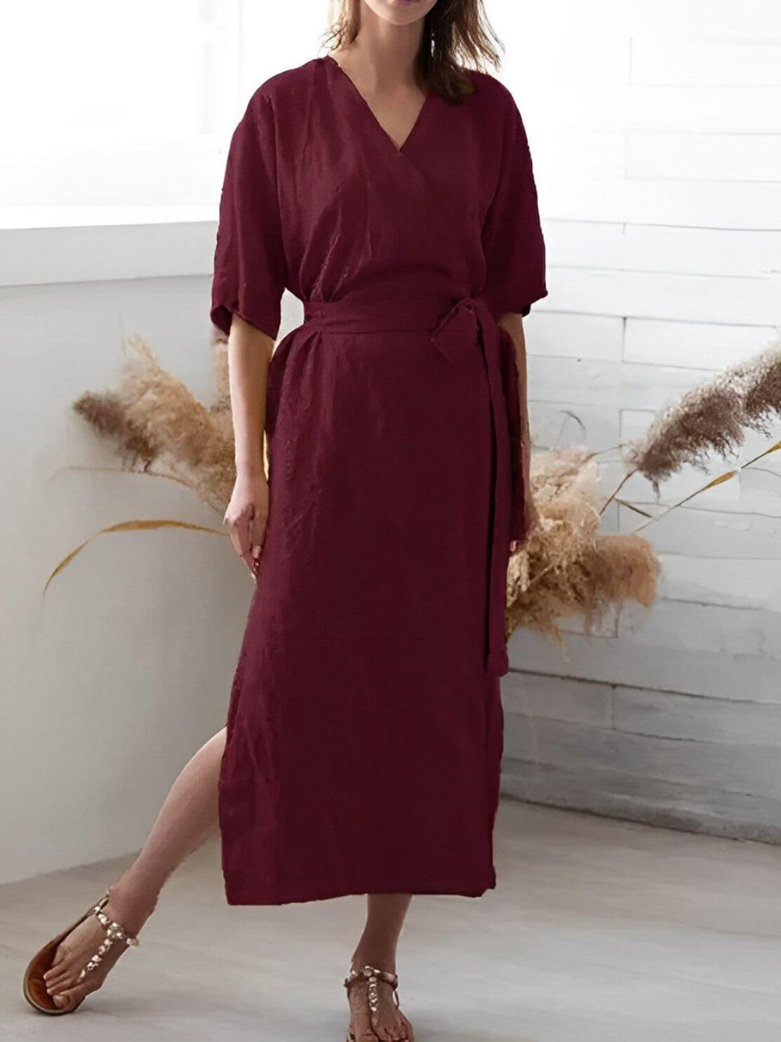 Elegant V Neck Belted Sundress