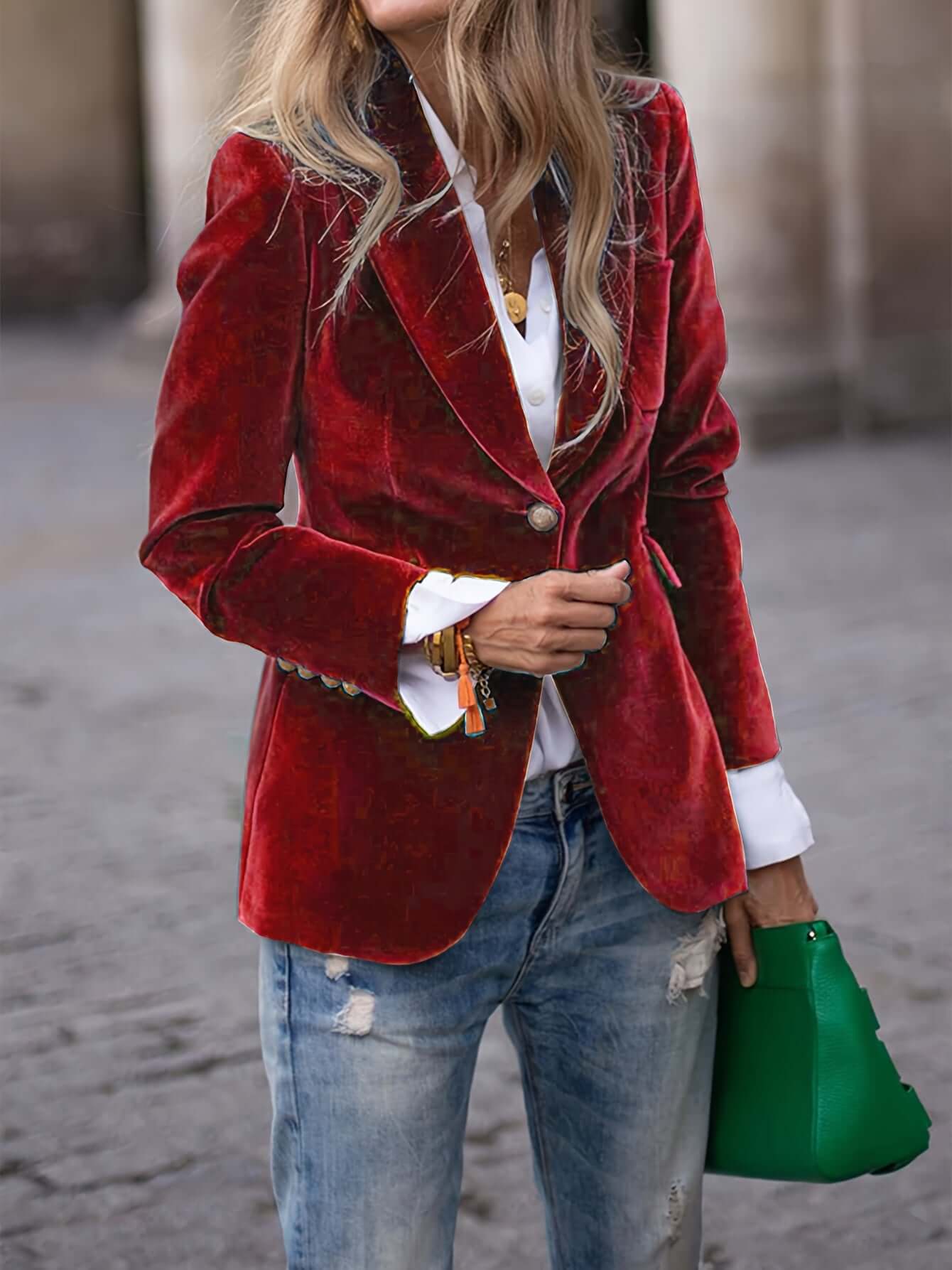 Ladies Emerald Velvet Jacket with Shiny Gold Buttons