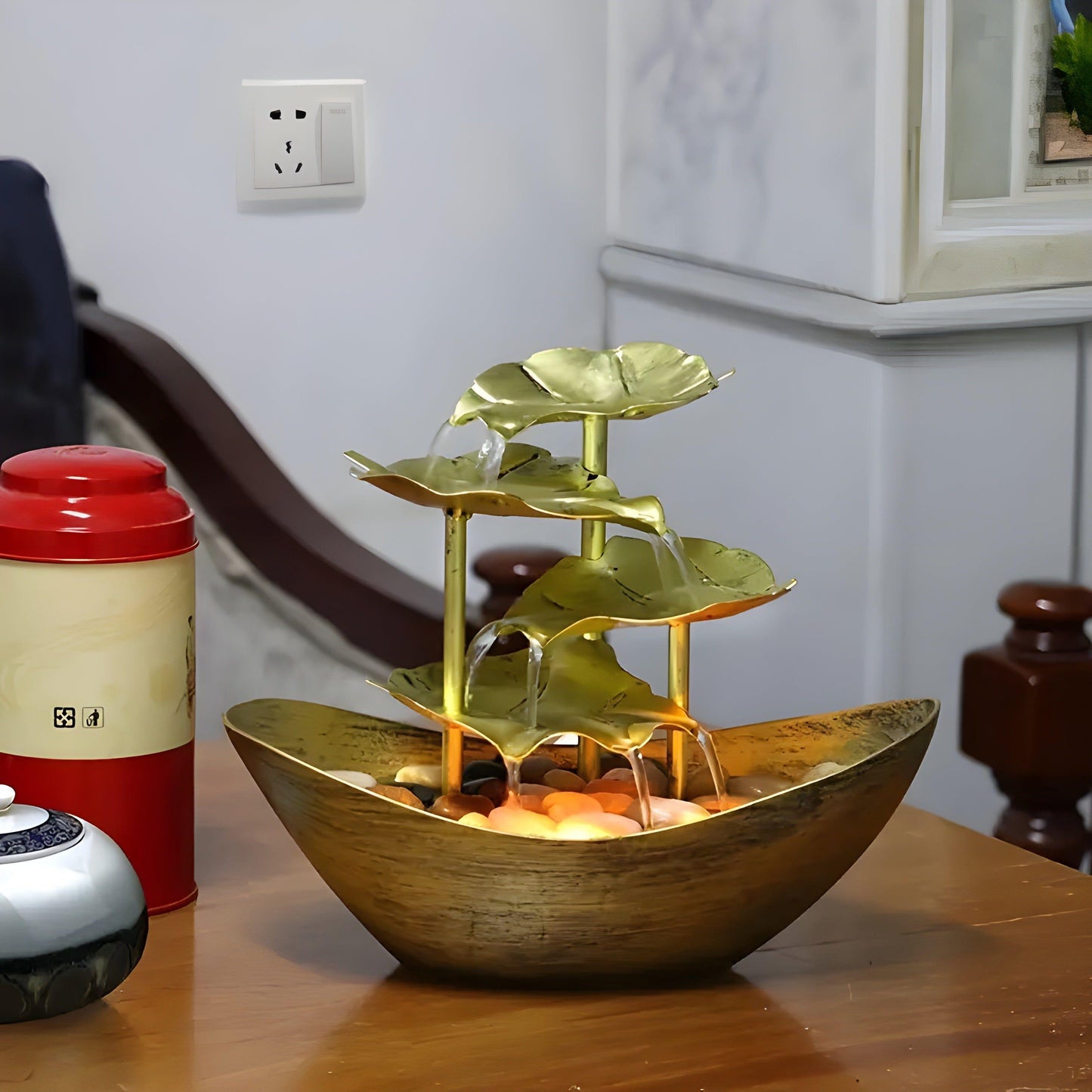 Classic Metal Leaf Table Fountain with LED Light