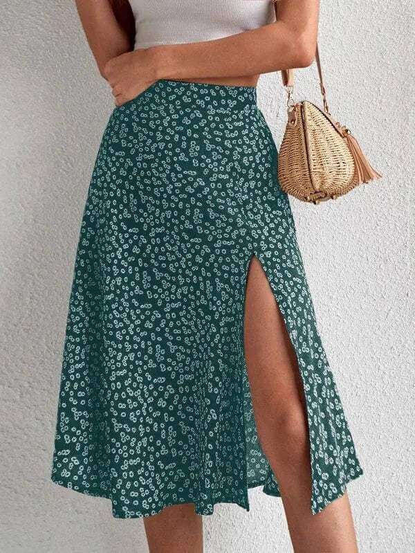 Ladies' Pretty Flowy Mid Length Skirt with Slit Detail